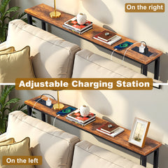 HAOYYE Console Sofa Table with Power Outlets and USB Ports, Slim Skinny Couch Table with Metal Frame and Charging Station, Ideal for Apartments, Living Rooms, and Dorms, Rustic Brown