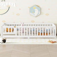 HAOYYE Twin Size Bed Floor Bed with Safety Guardrails and Door for , White(Old SKU:W158090683) Sturdy Space-Saving Heavy Duty Modern Design Adults Dorm Room Easy Assembly Bedroom Furniture