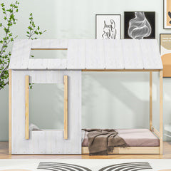 HAOYYE Twin Size House Platform with Roof and Window , White+Natural Sturdy Space-Saving Heavy Duty Modern Design Easy Assembly Durable Stylish Home Furniture Versatile