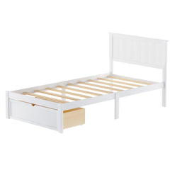 HAOYYE Modern Twin Platform Bed with Under-bed Drawer, White Sturdy Space-Saving Heavy Duty Design, Easy Assembly Bedroom Furniture for Dorms and Adults