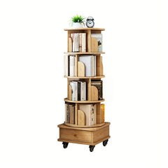 HAOYYE 5 Tier Rotating Bookshelf with 360 Degree Spinning Design and Wheels, Space-Saving Round Display Shelf Tower for Small Spaces in Bedroom, Living Room, Home Office, Modern Wooden Storage Organizer in Natural Wood Color
