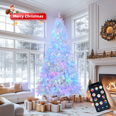 HAOYYE White Pre-Lit Artificial Christmas Tree, 8 FT APP Controlled Xmas Tree with 500 RGB Lights, 1500 Branch Tips, Hinged Branches, Perfect Holiday Decoration for Home, Office, Store, Party