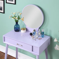 HAOYYE Liannon Contemporary Wood Vanity and Stool Set, Purple Makeup Vanity Table with Storage Drawers, Elegant Dressing Table with Round Mirror and Cushioned Stool, Stylish Compact Vanity Desk for Bedroom, Apartment, or Makeup Room
