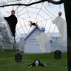 HAOYYE Outdoor Halloween Decorations 8-Piece Set, Hanging Ghosts, Light-Up Eyes Gravestone, Scary Swinging Ghost and Cobwebs, Spooky Yard, Patio, and Lawn Decor for Halloween Party and Garden