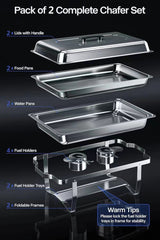 Haoyye 2 Set Buffet Catering Dish Set, 9QT Stainless Steel Chafing Dishes with Lids, Food and Water Pans, Foldable Frame and Fuel Holders, Stackable and Dishwasher Safe, Ideal for Parties, Weddings, Events, or Outdoor Serving, Easy to Use and Clean