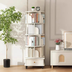 HAOYYE 5 Tier Rotating Bookshelf Tower with 360 Degree Swivel Display, Drawer Storage, Universal Wheels and Modern Round Design, Space-Saving Standing Bookcase for Home Office Bedroom or Living Room in Warm White