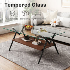 HAOYYE Rectangle Coffee Table with Tempered Glass top and Black Metal Legs, Modern Table for Living Room , Transparent Glass Sturdy Space-Saving Heavy Duty Modern Design Adults Dorm Room Easy Assembly