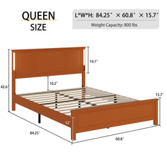 HAOYYE Queen Size Bed Frame, Platform Bed Frame with Wood Headboard and Footboard,Charging Station and LED Lights, 12 Wood Slats Support, No Box Spring Needed , Brown Sturdy Space-Saving Heavy Duty