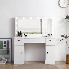 HAOYYE Vanity table with lighted mirror, vanity desk with 3 drawers and storage cabinet,3 color lighting modes adjustable brightness, white color with modern design, luxury style, durable material,.