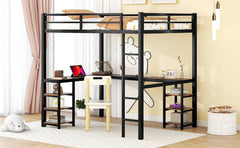 HAOYYE Full Metal Loft Bed with Desk and Shelves, Loft Bed with Ladder and Guardrails, Loft Bed Frame for Bedroom, Black with Vintage wood-colored desk Sturdy Space-Saving Heavy Duty