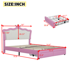 HAOYYE Full Size Upholstered Bed Frame With LED Lights, Modern Princess Bed With Crown Headboard And 2 Drawers, Pink And White, Sturdy Space-Saving Heavy Duty Design For Adults And Dorm Rooms
