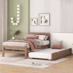 HAOYYE Modern Design Wooden Twin Size Platform Bed Frame with Trundle for Walnut Color Sturdy Space-Saving Heavy Duty Adults Dorm Room Easy Assembly Bedroom Furniture
