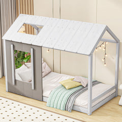 HAOYYE Twin Size House Platform with Roof and Window, White+Antique Grey(Old SKU: WF294130AAE) Sturdy Space-Saving Heavy Duty Modern Design Adults Dorm Room Easy Assembly Bedroom Furniture