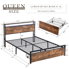 HAOYYE Queen Size Bed Frame with Storage Headboard, LED Lights, Charging Station, and Two Drawers, No-Noise Metal Platform Bed, Strong Metal Slats Support, No Box Spring Needed, Sturdy and Durable