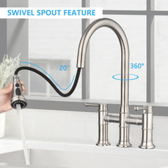 HAOYYE Double Handle Bridge Kitchen Faucet With Pull-Down Spray Head Sturdy Space-Saving Heavy Duty Modern Design Adults Dorm Room Easy Assembly Bedroom Furniture