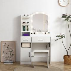 HAOYYE Vanity Desk Set with Lighted Mirror, 3-Color Adjustable Brightness, White Dressing Table with 2 Drawers, Storage Cabinet, and Upholstered Stool, Sturdy Space-Saving Design