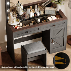 HAOYYE Makeup Vanity Table with Large Mirror and 11 LED Lights, Adjustable Brightness, Dressing Table Desk with 3 Drawers, Modern Vanity Desk for Women, Black with Stool, Sturdy and Space-Saving Design