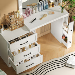HAOYYE 55.2" Vanity Desk with Freely Adjustable Side Cabinet, Makeup Vanity with Hollywood Lights, 5 Storage Drawers & 2-shelves, Modern Dressing Table, White