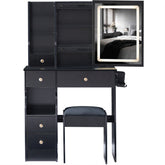 HAOYYE Small Size Left Drawer Desktop Vanity Table + Cushioned Stool, 2 AC+2 USB Power Station, Hair dryer bracket, Extra Large Touch Control Sliding LED Mirror, Tri-color Switching, EPA,GCC,UL Certificate