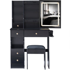 HAOYYE Small Size Left Drawer Desktop Vanity Table + Cushioned Stool, 2 AC+2 USB Power Station, Hair dryer bracket, Extra Large Touch Control Sliding LED Mirror, Tri-color Switching, EPA,GCC,UL Certificate