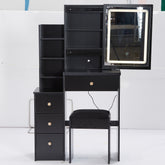 HAOYYE Small Size Left Bedside Cabinet Vanity Table + Cushioned Stool, Touch Control Sliding LED Mirror, Tri-color Switching, Brightness Adjust, Multi Layer, Suitable for Small Space, EPA,GCC,UL Certificate