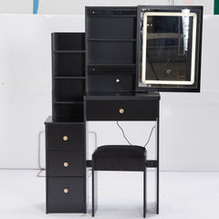 HAOYYE Small Size Left Bedside Cabinet Vanity Table + Cushioned Stool, Touch Control Sliding LED Mirror, Tri-color Switching, Brightness Adjust, Multi Layer, Suitable for Small Space, EPA,GCC,UL Certificate