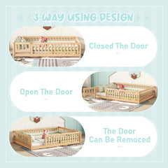 HAOYYE Full Size Bed Floor Bed with Safety Guardrails and Door for , Natural(Old SKU: W158090693) Sturdy Space-Saving Heavy Duty Modern Design Adults Dorm Room Easy Assembly Bedroom Furniture