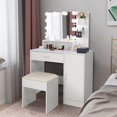 HAOYYE Large Vanity Set with LED Bulbs Makeup Table, Cushioned Stool, Multiple Storage Shelves, Drawer and Cabinet, Elegant Dressing Table Desk for Bedroom and Personal Use