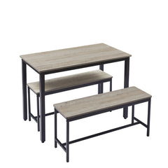HAOYYE Industrial Dining Table Set with 2 Dining Benches, Modern Bar Table with Chairs for Kitchen, Breakfast Nook, Living Room, and Party Room, Grey and Black Finish, Sturdy Construction for Everyday Use