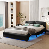 HAOYYE Full Size Upholstered Faux Leather Platform Bed with LED Light Bed Frame with Slatted - Black Sturdy Space-Saving Heavy Duty Modern Design Easy Assembly Durable Stylish Home Furniture Versatile