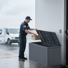 HAOYYE Outdoor Storage Deck Box Grey Plastic Garden Chest with Lockable Lid and Wheels Waterproof UV Resistant for Tools Cushions Toys Patio Garage Backyard Use Durable Weatherproof Portable Organizer 90Gal Capacity