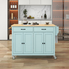 HAOYYE Kitchen Island Cart, Mint Green, with Solid Wood Top, 4-Door Cabinet, 2 Drawers, Adjustable Shelves, Spice Rack, Towel Bar, and 2 Locking Wheels. Modern, Space-Saving, Sturdy Heavy Duty Design for Easy Assembly and Versatile Use
