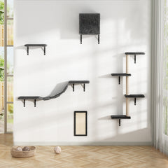 HAOYYE 5 Pcs Multi-Level Wall-Mounted Indoor Cat Tree Furniture with Scratching Board, Condo, Perches, Bridge for Indoor Cats, Gray Sturdy Space-Saving Heavy Duty Modern Design Adults Dorm Room
