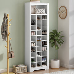 HAOYYE ON-TREND Stylish Design 30 Shoe Cubby Console, Contemporary Shoe Cabinet with Multiple Storage Capacity, Free Standing Tall Cabinet with Versatile Use for Hallway, Bedroom, White Sturdy Space-Saving