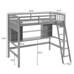 HAOYYE Loft Bed with Shelf & Desk, Inclined Ladder, Gray Twin Wooden Bed, Pine & Particle Board, Space-Saving Design for Kids, Teens, and Dorm Rooms, Sturdy Construction, Easy Assembly, Modern & Functional