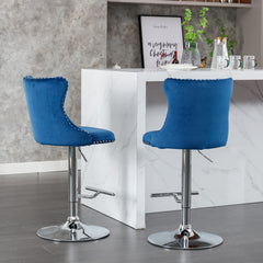 HAOYYE Swivel Velvet Barstools with Adjustable Seat Height, Modern Upholstered Bar Stools with Chrome Base and Comfortable Tufted Back for Kitchen Island and Home Pub, Set of Two, Blue