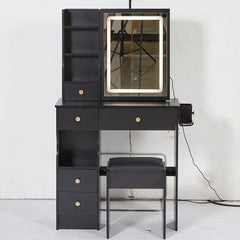 HAOYYE Compact Vanity Table With Left Drawer, Cushioned Stool, Touch-Control LED Mirror, Tri-Color Lighting, 2 AC & 2 USB Power Outlets, Hair Dryer Bracket, Certified by EPA, GCC, and UL