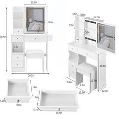 HAOYYE Compact Vanity Table With Left Drawer, Cushioned Stool, Touch-Control Sliding LED Mirror With Tri-Color Switching, Built-In Power Station, Hair Dryer Bracket, Certified By EPA, GCC, And UL