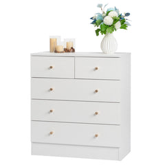 HAOYYE Modern Simple 5-Drawer Dresser Nightstand in White, Compact and Stylish Storage Solution for Bedroom, Living Room, or Entryway, Sleek and Functional Design for Organizing Clothes, Accessories, and More