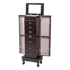 HAOYYE Standing Jewelry Armoire Cabinet with Makeup Mirror, Large Storage Organizer with 7 Drawers, 2 Swing Doors, 16 Necklace Hooks, and Top Divided Storage, Elegant Dark Brown and Beige Flannel Design for Bedroom or Dressing Room