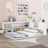 HAOYYE Full Floor Bed with L-shaped Bookcases, sliding doors,without slats,White Sturdy Space-Saving Heavy Duty Modern Design Easy Assembly Durable Stylish Home Furniture Versatile