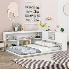 HAOYYE Full Floor Bed with L-shaped Bookcases, sliding doors,without slats,White Sturdy Space-Saving Heavy Duty Modern Design Easy Assembly Durable Stylish Home Furniture Versatile