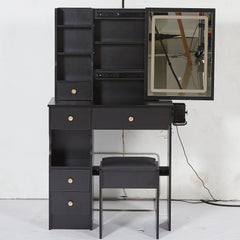 HAOYYE Compact Vanity Table With Left Drawer, Cushioned Stool, Touch-Control LED Mirror, Tri-Color Lighting, 2 AC & 2 USB Power Outlets, Hair Dryer Bracket, Certified by EPA, GCC, and UL