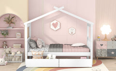 HAOYYE Twin Size Wooden House Bed Frame With Drawers, White, Space-Saving Heavy Duty Modern Design For Adults And Dorm Rooms, Easy Assembly Bedroom Furniture