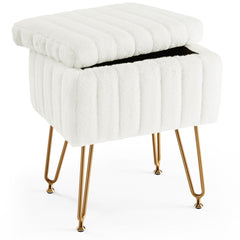 HAOYYE White Faux Fur Vanity Stool Chair With Storage, Soft Padded Makeup Ottoman Seat, 4 Sturdy Metal Legs With Anti-Slip Adjustable Feet, Modern Space-Saving Design For Adults, Suitable For Bedroom Or Dressing Room
