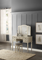 HAOYYE Bedroom Contemporary Vanity Set with Foldable Mirror, Padded Stool & Storage Drawers – Stylish Silver Color, Space-Saving Design for Small Spaces, Elegant Makeup Table for Bedroom or Dressing Room