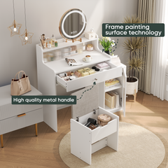 HAOYYE White Vanity Desk with 360° Rotated Mirror and Adjustable Lights, Girls Makeup Vanity Table with Storage Drawer, Side Cabinet with Waveform Glass Doors, Stylish Dressing Table with Chair for Bedroom, Elegant Storage Solution for Beauty Essentials.