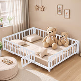 HAOYYE Full Size Floor Platform Bed with Fence and Door for , Montessori Floor Bed Frame with Support Slats for Toddlers, Wooden Floor Bed White Sturdy Space-Saving Heavy Duty Modern Design Adults
