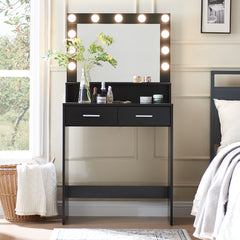 HAOYYE Vanity Desk with Mirror and Lights, Dressing Table with Large Drawer, Two-Level Storage Dresser, and Adjustable Brightness with Three Lighting Modes, Black, Sturdy Space-Saving Design, Heavy Duty Construction, Stylish and Durable Home Furniture