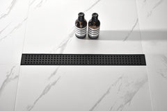 HAOYYE Linear Shower Drain with Removable Quadrato Pattern Grate, 304 Stainless Shower Drain Included Hair Strainer and Leveling Feet Sturdy Space-Saving Heavy Duty Modern Design Adults Dorm Room